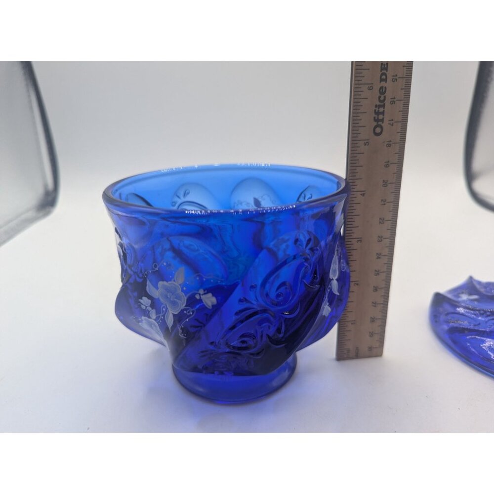 Fenton Glass HP Artist Signed Cobalt Blue Paisley Swirl Candy Jar & Lid - Picture 8 of 16